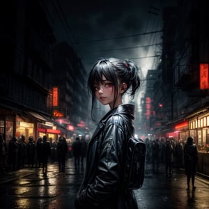 masterpiece, face focused portrait, standing, (looking at viewer:1.2), 1girl, cute face, | outdoors, garden, (night time), night, cozy lights, oriental scenery, asian garden, | futuristic city, neon lights, | depth of field, bokeh, ,cyborg style,cyberpunk style,Jukujo,potcoll