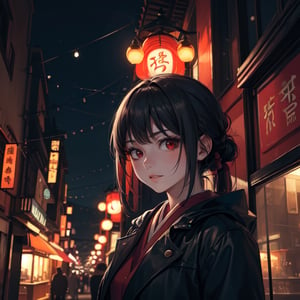 masterpiece, face focused portrait, standing, (looking at viewer:1.2), 1girl, cute face, | outdoors, garden, (night time), night, cozy lights, oriental scenery, asian garden, | futuristic city, neon lights, | depth of field, bokeh, 