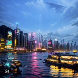 Realistic photography, Hong kong nightview, night, cyberpunk style:1.2, cyberpunk ferry, mecha ferry,armour ship,Cyberpunk,mecha,robot,cyber_asia ,Detailedface