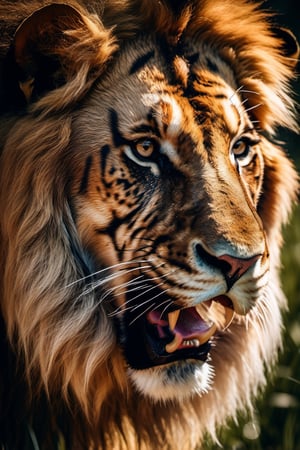 (best quality,highres,ultra high resolution,masterpiece,realistic,extremely photograph,detailed photo,8K wallpaper,intricate detail, film grains),ray tracing,soft shadows,natural lighting,detaled_background,((Lion|Tiger)),front Photo,(full length shot:1.3)