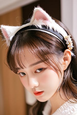 (best quality,highres,ultra high resolution,masterpiece,realistic,extremely photograph,detailed photo,8K wallpaper,intricate detail, film grains),ray tracing,soft shadows,natural lighting,detaled_background,((A woman wears a cat's ears hairband)),(full length shot:1.3),FilmGirl,photo r3al,beautymix