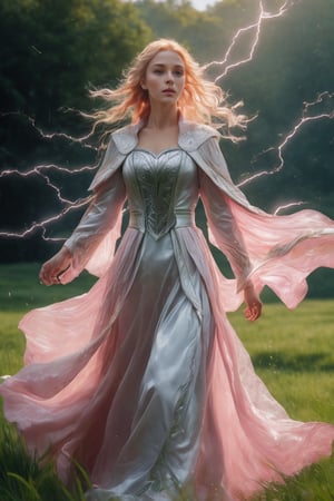 (best quality,highres,ultra high resolution,masterpiece,realistic,extremely detailed 8K RAW photo,intricate detail, film grains),ray tracing,detaled_background,aquagradient eyes,((A young wizard with long, pink, blonde hair is floating on a field of green grass. She is dressed in a flowing, completely black cloak that is embroidered with silver lightning bolts. A whirling vortex of lightning energy is enveloping her hands.)),photo r3al,aesthetic portrait