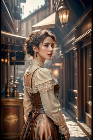 (best quality,highres,ultra high resolution,masterpiece,realistic,extremely photograph,detailed photo,8K wallpaper,intricate detail, film grains),ray tracing,soft shadows,natural lighting,detaled_background,((A pretty woman. prefect body)),(full length shot:1.3),FilmGirl,photo r3al,HZ Steampunk