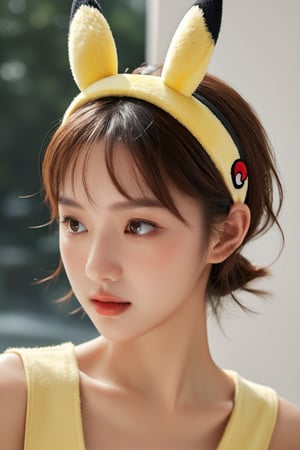 (best quality,highres,ultra high resolution,masterpiece,realistic,extremely photograph,detailed photo,8K wallpaper,intricate detail, film grains),ray tracing,soft shadows,natural lighting,detaled_background,((A woman wears a Pikachu's ears hairband)),(full length shot:1.3),FilmGirl,photo r3al