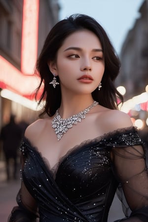 (best quality,highres,ultra high resolution,masterpiece,realistic,extremely detailed 8K RAW photo,intricate detail, film grains),ray tracing,detaled_background,aquagradient eyes,((A young woman stands on the street,and she wears a black gown. The evening gown is dark black so that the patterns on it appear to sparkle like stars. Her eyes are so cold,and shiny. She closes her lips. She is the Queen of the dark, all people call her the leader of freemen. Her earrings are the sight of freedom. The necklace she wears was made by over thousands diamonds, it shows off the power of Queen.)),photo r3al,neon photography style