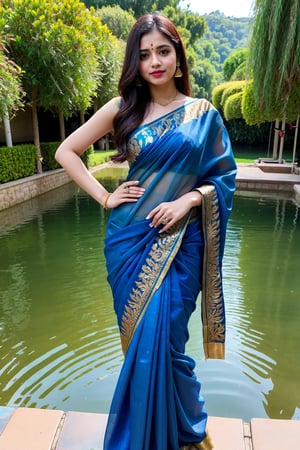 (best quality:1.2), (hyper detailed), (1girl, solo), photo,saree , in front on water body
