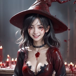 1girl,masterpiece,official art,unity 8k wallpaper,ultra detailed,beautiful and aesthetic,best quality,intricate details, realistic, idol, witch, fantasy world, blood, , (crazy expression: 1.2), blood on the face, blood on body, exciting, smiling:1.2, hot