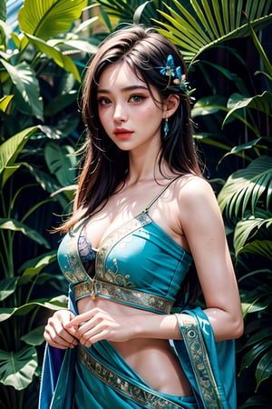 fashion photography of blue human avatar, 1girl, in blue lush jungle with flowers and birds, sci-fi, fantasy, 3d render, symetrical, octane render, hdr, (intricate details, hyperdetailed:1.2), (natural skin texture, hyperrealism, soft light, sharp:1.2),saree