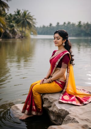 xxmix_girl,a woman in a saree is leaning over a body of water with her hands on her hips and smiling ,sleeping on a rock