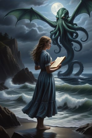  Description: The painting depicts a mysterious girl surrounded by a mystical atmosphere. She stands on a rocky shore, washed by the waves, gazing into the distance. In her hands, she holds an ancient scroll with unusual symbols. Strange sea creatures and fish float around her, and in the distance, the silhouette of Cthulhu, a gigantic sea monster from the mythology of H.P. Lovecraft, is visible. Moonlight casts its rays on the girl, creating a mysterious illumination and emphasizing her enigmatic nature. Dark clouds and a turbulent sea are visible in the background, adding drama to the scene.
Style: The painting is executed in a realistic style using oil paints. Shades of blue and gray dominate the palette, creating a cold and mysterious mood. The details of the girl and Cthulhu are meticulously rendered to convey their realism and expressiveness. The use of chiaroscuro and the play of light adds volume and depth to the image. The overall style aims to create an effect of mystique and intrigue, immersing the viewer in the atmosphere of a mythological world.