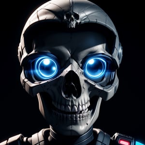 a close up of a skull on a black background, in a cyber - punk ally, retrowave style, renderer,  no watermark signature, dead soldiers,  transparent ghost screaming, blue image, defined face, old skin, robotic face,REALISTIC