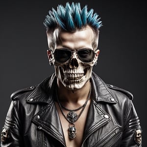 This  skull wearing sunglasses and a mohawk hairstyle. The skull is positioned centrally in the image, with the sunglasses covering its eyes and the mohawk running along the top of its head. The skull appears to be wearing a leather jacket, adding to its punk rock aesthetic. The background is white, providing a stark contrast that further emphasizes the details of the skull and its accessories. The overall composition of the image suggests a sense of rebellion and nonconformity, which are often associated with punk rock culture.