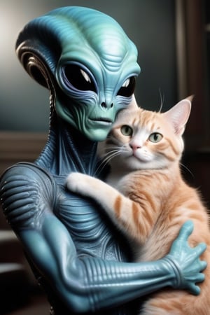 
Alien from the movie hugs a cat, realistic picture like from the movie