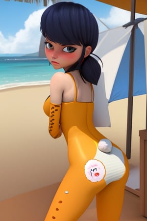 beach , blushing, angry, (bunny costume), shading, solar flare, rendering ,marinette, showing her butt, 