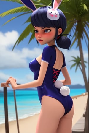 beach , blushing, angry, (bunny costume), shading, solar flare, rendering ,marinette, sexy, showing her butt, 