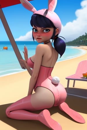 beach , blushing, angry, (bunny costume), shading, solar flare, rendering ,marinette, sexy nsfw, showing her butt, 