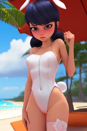 beach , blushing, angry, (bunny costume), shading, solar flare, rendering ,marinette, sexy nsfw, showing her vagina