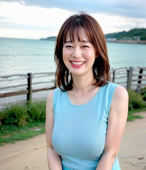 (Best Quality,8K,Raw photo,Realistic,High resolution:1.2),(light brown hair),Ultra mini skirt,(upper body:1.2),Looking at Viewer, ,(portrait:1.2),(at sunshine beach),ocean,grin, sleeveless knit shirt,thin fit shirt,takenakatomoka