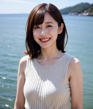 (Best Quality,8K,Raw photo,Realistic,High resolution:1.2),(light brown hair),Ultra mini skirt,(upper body:1.2),Looking at Viewer, ,(portrait:1.2),(at sunshine beach),ocean,grin, sleeveless knit shirt,thin fit shirt,takenakatomoka,saitochiharu