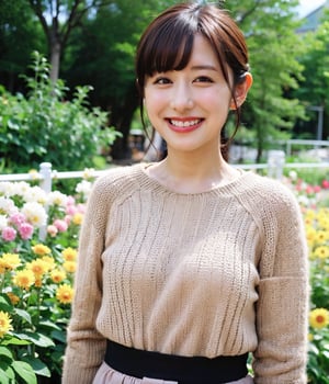 (Best Quality,8K,Raw photo,Realistic,High resolution:1.2),(light brown hair),Ultra mini skirt,(upper body:1.2),Looking at Viewer, ,(portrait:1.2),(at sunshine flower garden),grin,matsudaseiko,saitochiharu