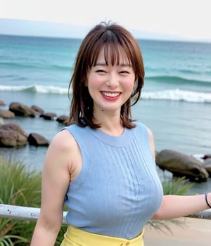 (Best Quality,8K,Raw photo,Realistic,High resolution:1.2),(light brown hair),Ultra mini skirt,(upper body:1.2),Looking at Viewer, ,(portrait:1.2),(at sunshine beach),ocean,grin, sleeveless knit shirt,thin fit shirt,takenakatomoka