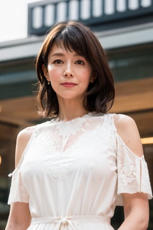 40 yo milf, Best quality, raw photo, photorealism, UHD, lifelike rendering, (upper body portrait:1.2), Photo of stunningly Beautiful japanese milf, stunning, medium dark brown hair, natural  medium-large breasts, curvy figure, long-legged, pale skin, skin pores, daily outfit, white ornate embroidered tulle-chiffon dripped loose dress, sharp focus, smile, gaze at viewer, from below, closed to up, thighs focus, detailed eyes, exquisite facial, detailed real skin texture, detailed fabric rendering, daylight, ray tracing ,sawaguchiyasuko