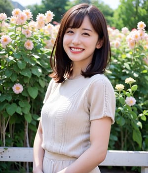 (Best Quality,8K,Raw photo,Realistic,High resolution:1.2),(light brown hair),Ultra mini skirt,(upper body:1.2),Looking at Viewer, ,(portrait:1.2),(at sunshine flower garden),grin,matsudaseiko,saitochiharu