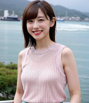 (Best Quality,8K,Raw photo,Realistic,High resolution:1.2),(light brown hair),Ultra mini skirt,(upper body:1.2),Looking at Viewer, ,(portrait:1.2),(at sunshine beach),ocean,grin, sleeveless knit shirt,thin fit shirt,takenakatomoka,saitochiharu