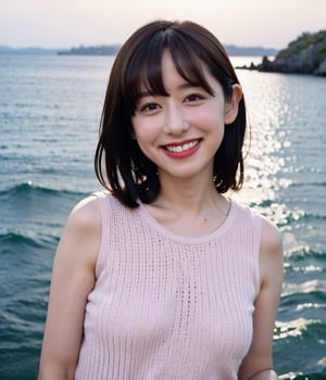 (Best Quality,8K,Raw photo,Realistic,High resolution:1.2),(light brown hair),Ultra mini skirt,(upper body:1.2),Looking at Viewer, ,(portrait:1.2),(at sunshine beach),ocean,grin, sleeveless knit shirt,thin fit shirt,takenakatomoka,saitochiharu