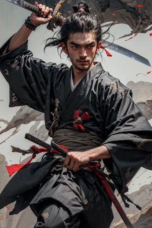 (masterpiece:1.2, best quality)), ultra detailed, Ultra-precise depiction, Ultra-detailed depiction, (10 year old boy)), (dynamic pose), floaty hair, kimono, young face, clean shaven, extremely small build, killing samurai with katana, 3DMM,weapon,perfecteyes