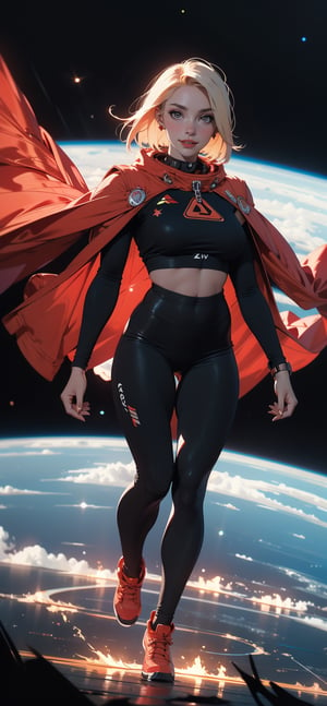 beautiful 25 year old woman, hazel eyes, She has a body of a fitness model, large breasts, short blond hair, serious expression, red eyes, bangs, smiling, full-body_portrait,  long red cape, outer_space, space hair, levitating, sky, zero gravity, above city, depth_of_field,oil painting