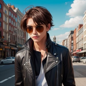 High quality, anime, boy, short hair, city, leather jacket, sunglasses