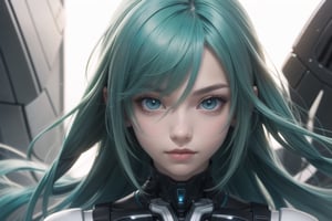 high quality,anime girl, shine in the eyes, pretty,long green hair ,robot