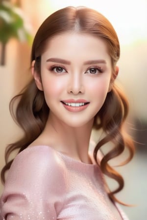 1 young woman, in her 20s, beautiful detailed eyes,beautiful detailed lips, happy face,long eyelashes,brown hair,light and delicate pink blush,sparkling eyes,happy smile, full-body visible,  (((full-body_portrait))), Marlene Favela