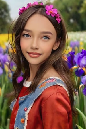 dramatic lighting, (highly detailed face:1.4),, Ultimate Cute Face:1.5, smile:1.0, long hair,Hair fluttering in the wind. perfect eyes, realistic iris, (in a fild of flowers), She is wearing random clothing. 1 Girl, ((torso visible)), Ultra High Resolution, (Realistic: 1.4), RAW Photo, Best Quality, (Photorealistic Stick), Focus, Soft Light, (depth of field), masterpiece, (realistic), woman, bangs

