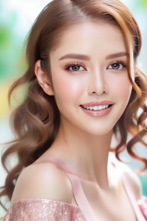 1 young woman, in her 20s, beautiful detailed eyes,beautiful detailed lips, happy face,long eyelashes,brown hair,light and delicate pink blush,sparkling eyes,happy smile, ((full-body visible)),  full-body_portrait, Marlene Favela