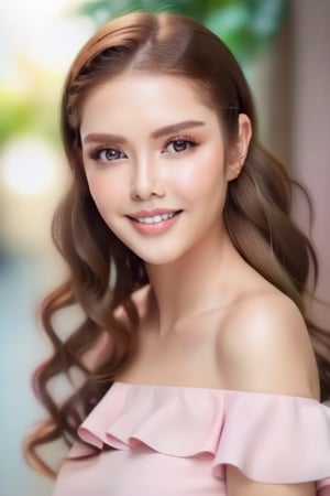1 young woman, in her 20s, beautiful detailed eyes,beautiful detailed lips, happy face,long eyelashes,brown hair,light and delicate pink blush,sparkling eyes,happy smile, full-body visible,  (((full-body_portrait))), Marlene Favela