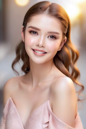 1 young woman, in her 20s, beautiful detailed eyes,beautiful detailed lips, happy face,long eyelashes,brown hair,light and delicate pink blush,sparkling eyes,happy smile, full-body visible,  (((full-body_portrait))), Marlene Favela