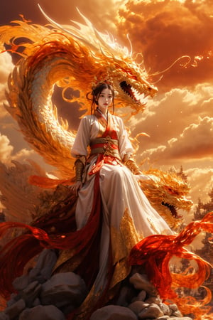 masterpiece, top quality, best quality, official art, beautiful and aesthetic:1.2), (1girl:1.3), hanfu fashion, The girl is sitting on a stone,chinese dragon, eastern dragon, ,golden skin, golden line, ( red theme:1.6), volumetric lighting, ultra-high quality, photorealistic, lightning sky background, great sword, angel,Seaside, Reef, Reflection.