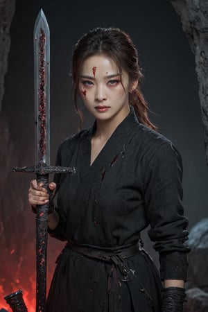 fierce woman warrior Korea woman holding a sword, covered in blood. Her eyes glow in the dark with red light. Her sword and armourared are medieval crusader ,broken plates, rusty and dirty. She wears no helmet. She stands in a cave, figthing demons,fighter og god, light seeping in.,sooyaaa,ct-niji2,DonMn1ghtm4reXL,jennierubyjenes