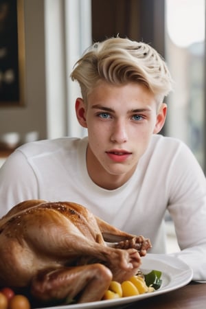 an handsome cute blond boy, (eating a roast turkey on the table at the dinning room:1.3), sharp focus, short hair, fade haircut, male_only, sharp skin, cute blond boy,