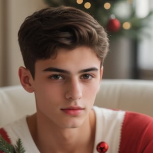 an 18 years old handsome cute italian boy, (wear christmas costume, christmas, christmas decoration, christmas tree:1.3), sharp focus, finely detailed eyes and face, short hair, fade haircut, male_only, handsome italian boy,