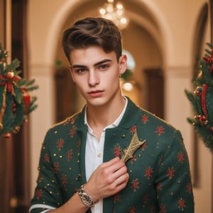 an 18 years old handsome italian man, (wear christmas costume, christmas, christmas decoration, christmas tree:1.3), sharp focus, finely detailed eyes and face, short hair, fade haircut, male_only, sharp skin, handsome Italian,