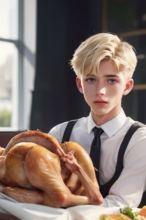 an handsome cute blond boy, (eating a roast turkey on the dinning room:1.3), sharp focus, finely detailed eyes and face, short hair, fade haircut, male_only, sharp skin, masterpiece, photorealistic, ultra-detailed, fine skin detail, best, super fine, best quality, ultra highres, 8k, RAW photo, cute blond boy,
