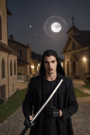 a handsome italian man, (in front of church, holding a grim reaper scythe, under moonlight:1.4), sharp focus, short hair, fade haircut, sharp focus, finely detailed eyes and face, shirtless, short hair, male_only, add noise, sharp skin, masterpiece, photorealistic, best, best quality, male, handsome, Movie Still, Cinematic, Cinematic Lighting, Film Still, Cinematic Shot, handsome italian,