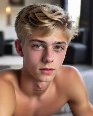 an 18 years old handsome cute blond boy, shirtless, sitting at home, sharp focus, finely detailed eyes and face, short hair, fade haircut, male_only, sharp skin, masterpiece, photorealistic, ultra-detailed, fine skin detail, best, super fine, best quality, ultra highres, 8k, RAW photo