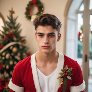 an 18 years old handsome italian man, (wear christmas costume, christmas, christmas decoration, christmas tree:1.3), sharp focus, finely detailed eyes and face, short hair, fade haircut, male_only, sharp skin, handsome Italian,