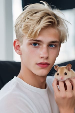 a 18 years old handsome cute blond boy, holding a fuzzy cute little hamster stuffed toy at home, sharp focus, finely detailed eyes and face, short hair, fade haircut, male_only, sharp skin, masterpiece, photorealistic, ultra-detailed, fine skin detail, best, super fine, best quality, ultra highres, 8k, RAW photo, cute blond boy,