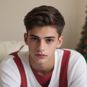 an 18 years old handsome cute italian boy, (wear christmas costume, christmas, christmas decoration, christmas tree:1.3), sharp focus, finely detailed eyes and face, short hair, fade haircut, male_only, handsome italian boy,