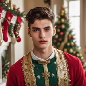 an 18 years old handsome italian man, (wear christmas costume, christmas, christmas decoration, christmas tree:1.3), sharp focus, finely detailed eyes and face, short hair, fade haircut, male_only, handsome Italian,
